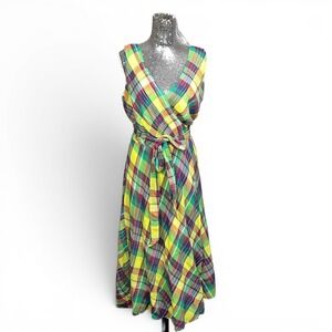 Vintage Y2K Lauren Ralph Lauren Madras Plaid Cotton Gauze Maxi Dress Size 14